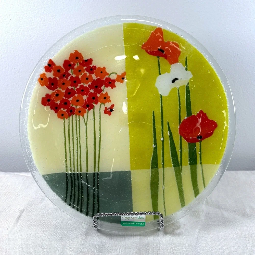 Peggy Karr Glass Poppies Fused Glass Plate Handmade USA Floral Red Green 11in
